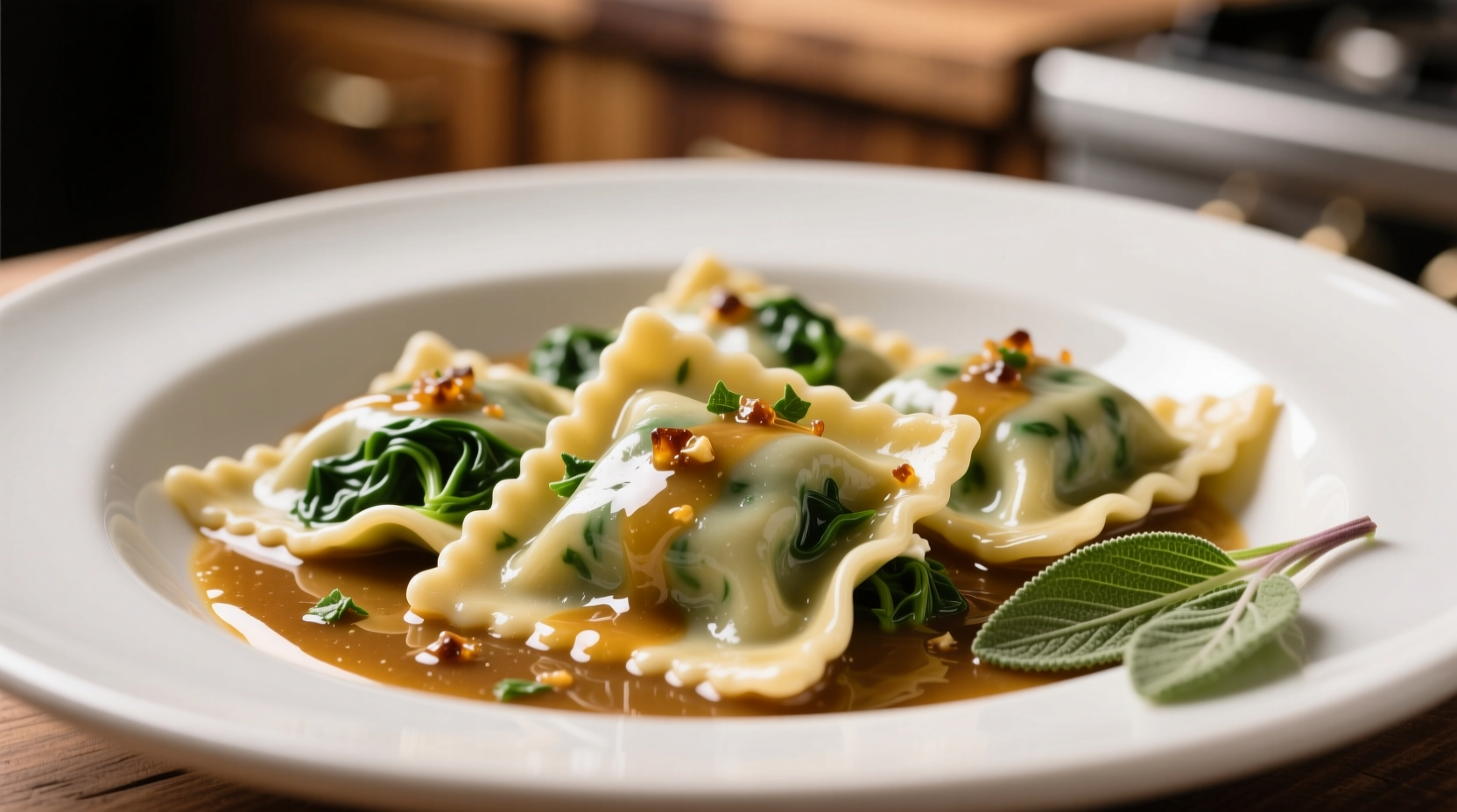 Spinach ricotta ravioli with sage brown butter sauce
