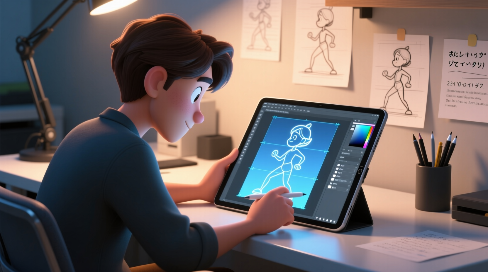 Animation artist using onion skinning technique on digital tablet