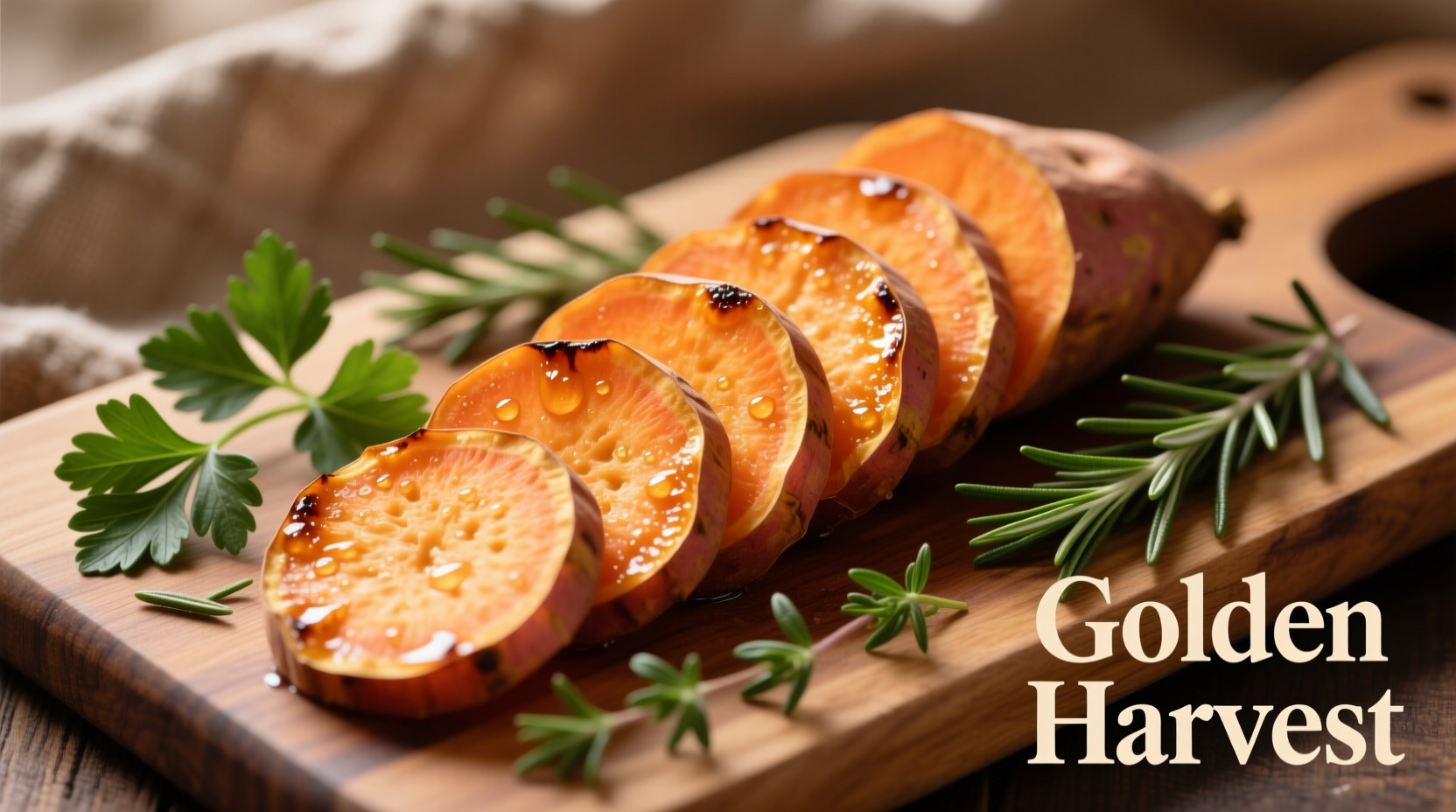 Sweet potato slices on wooden cutting board with herbs