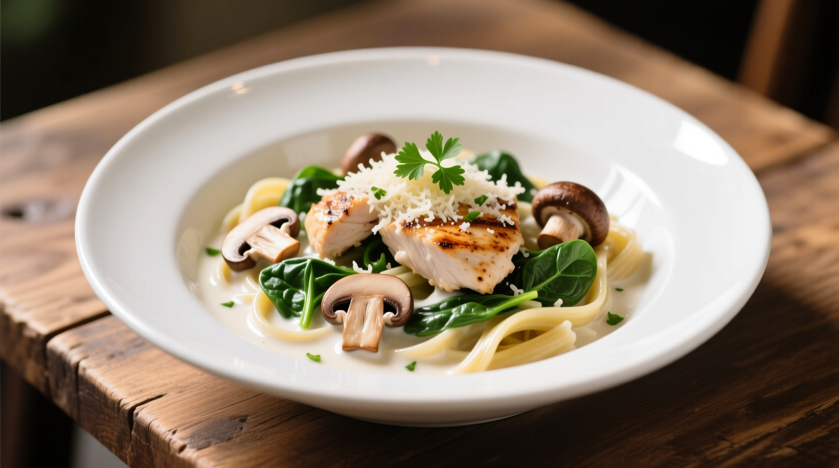 Creamy chicken mushroom spinach pasta in white bowl