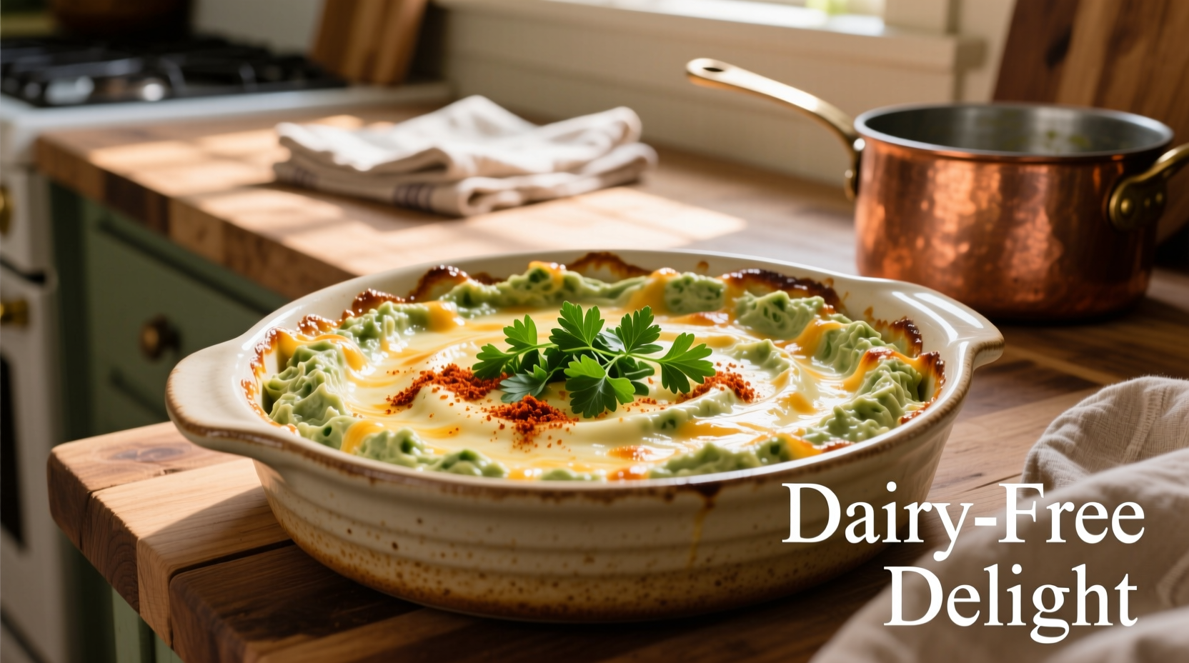 Creamy dairy free spinach artichoke dip in baking dish