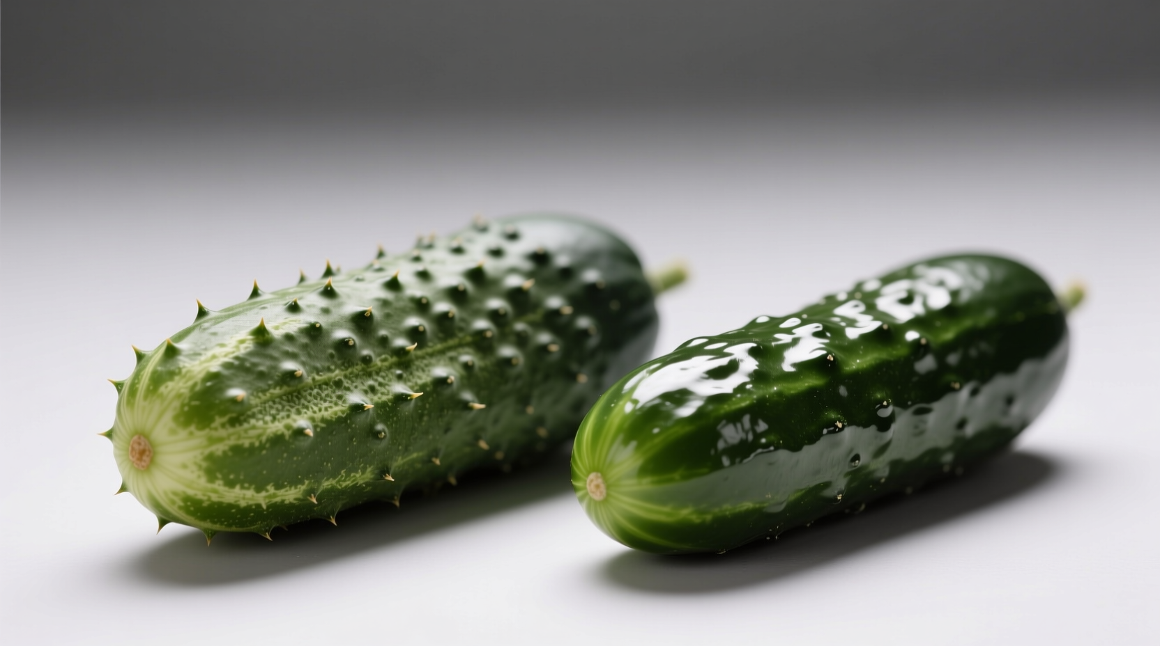 Close-up comparison of unwaxed pickling cucumbers (left) with visible spines versus waxed slicing cucumbers (right) showing smooth, shiny surface