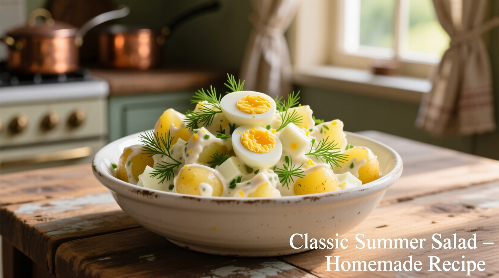 Creamy potato salad with chopped eggs and fresh dill