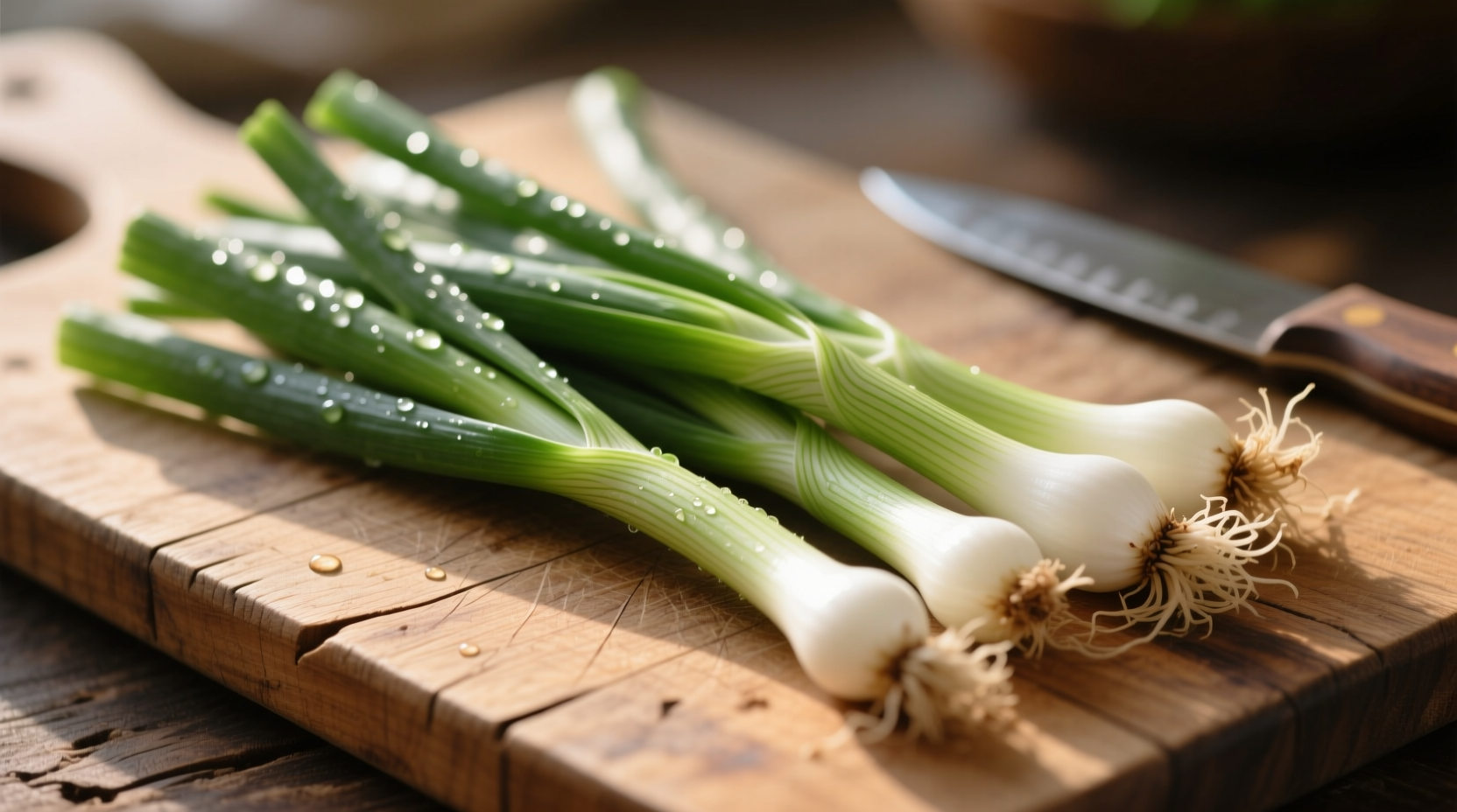 Fresh scallions with green stalks and white bulbs on wooden cutting board