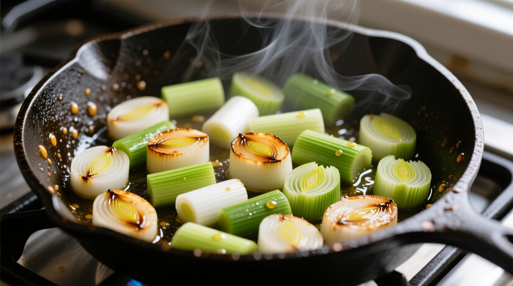 Fresh leeks sliced and sautéed in skillet
