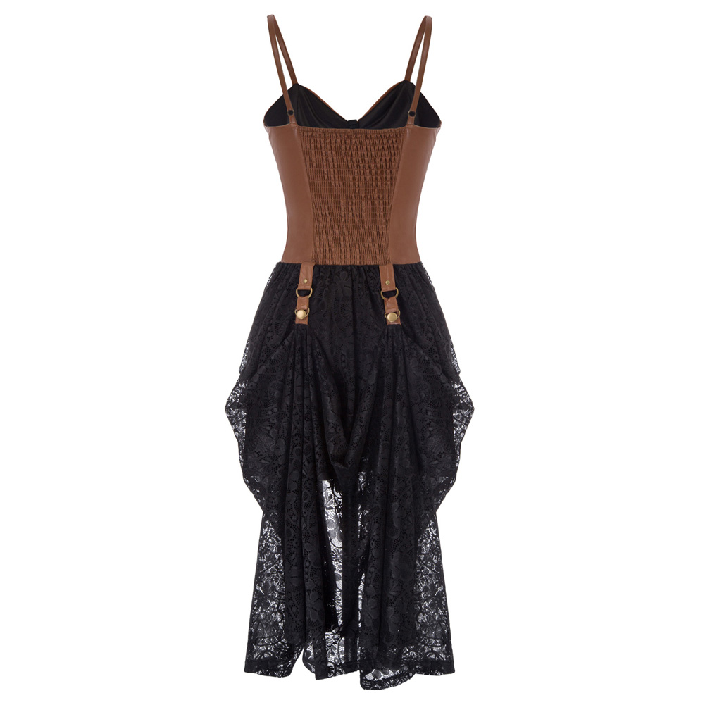 OEM Women's Steampunk Victorian Faux Leather Lace Dress - High-Low Hem,  V-Neck Style, Perfect for Summer Events, Sizes S-2XL