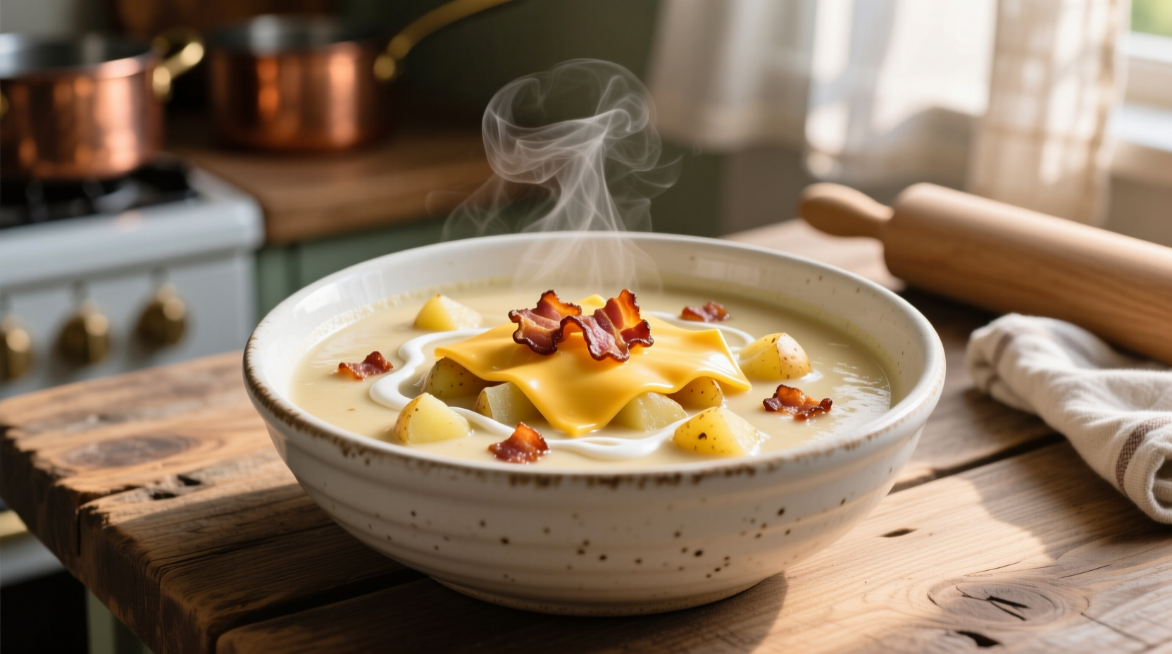 Creamy cheese and bacon potato soup in white bowl
