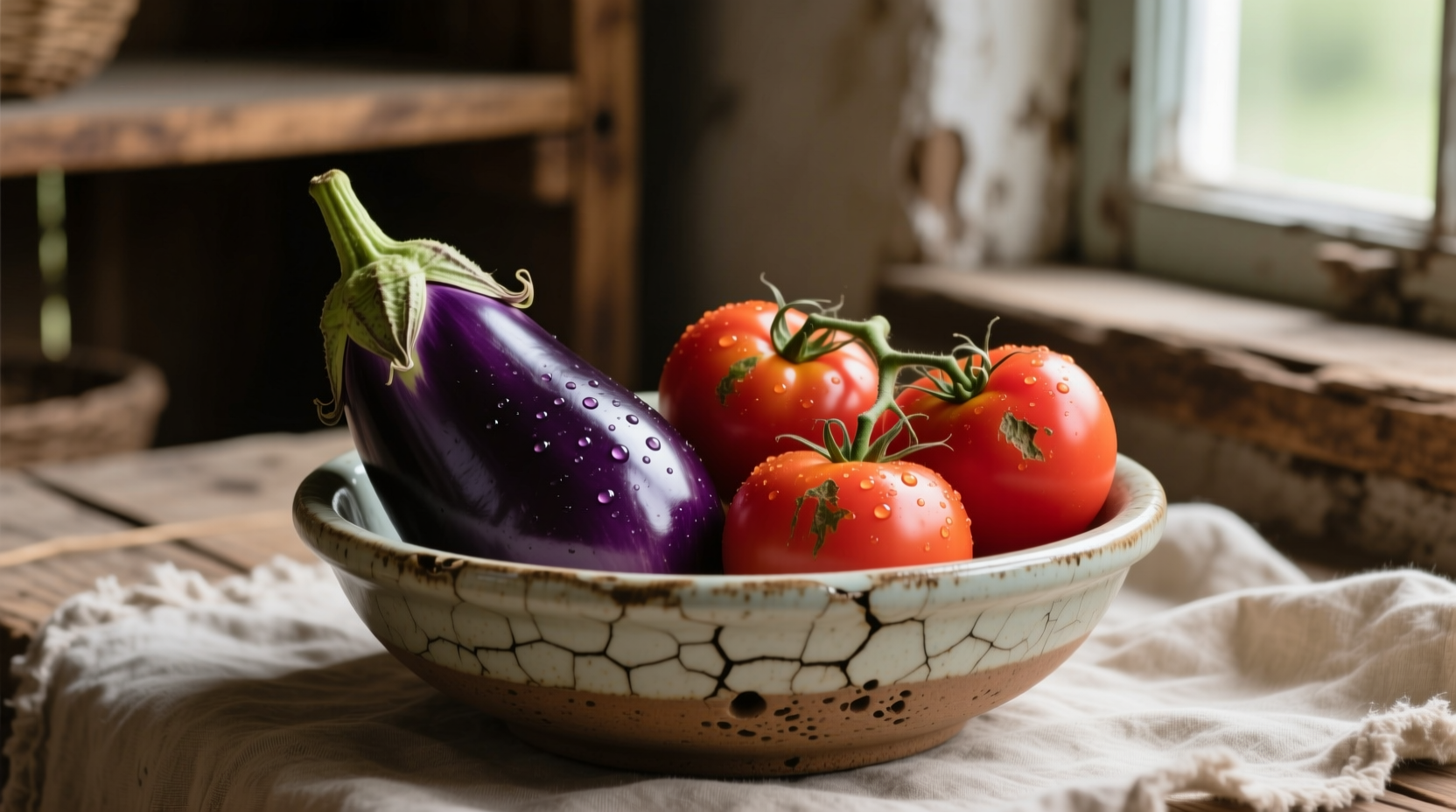 Fresh eggplant and tomatoes in rustic ceramic bowl
