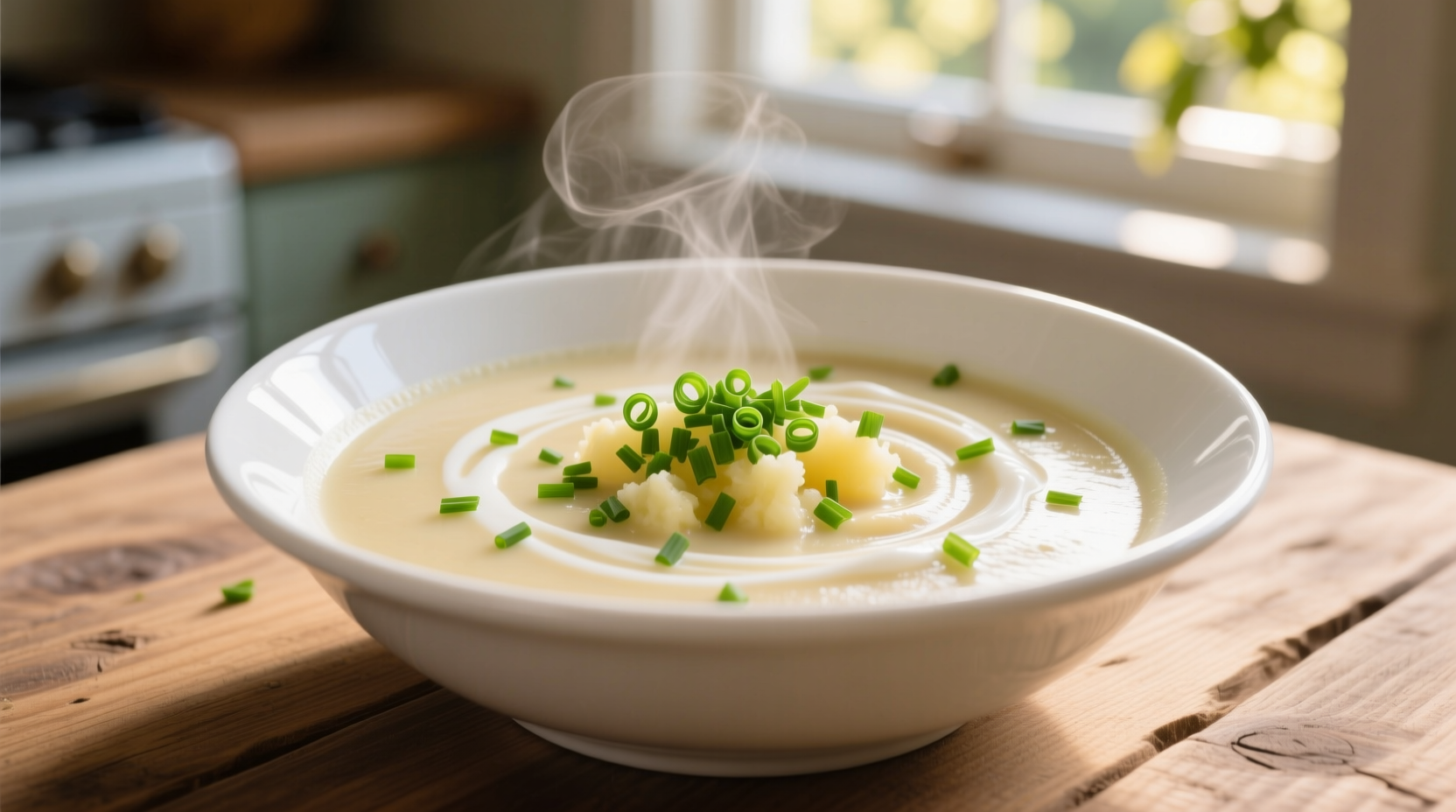Creamy potato soup in white bowl with fresh chives