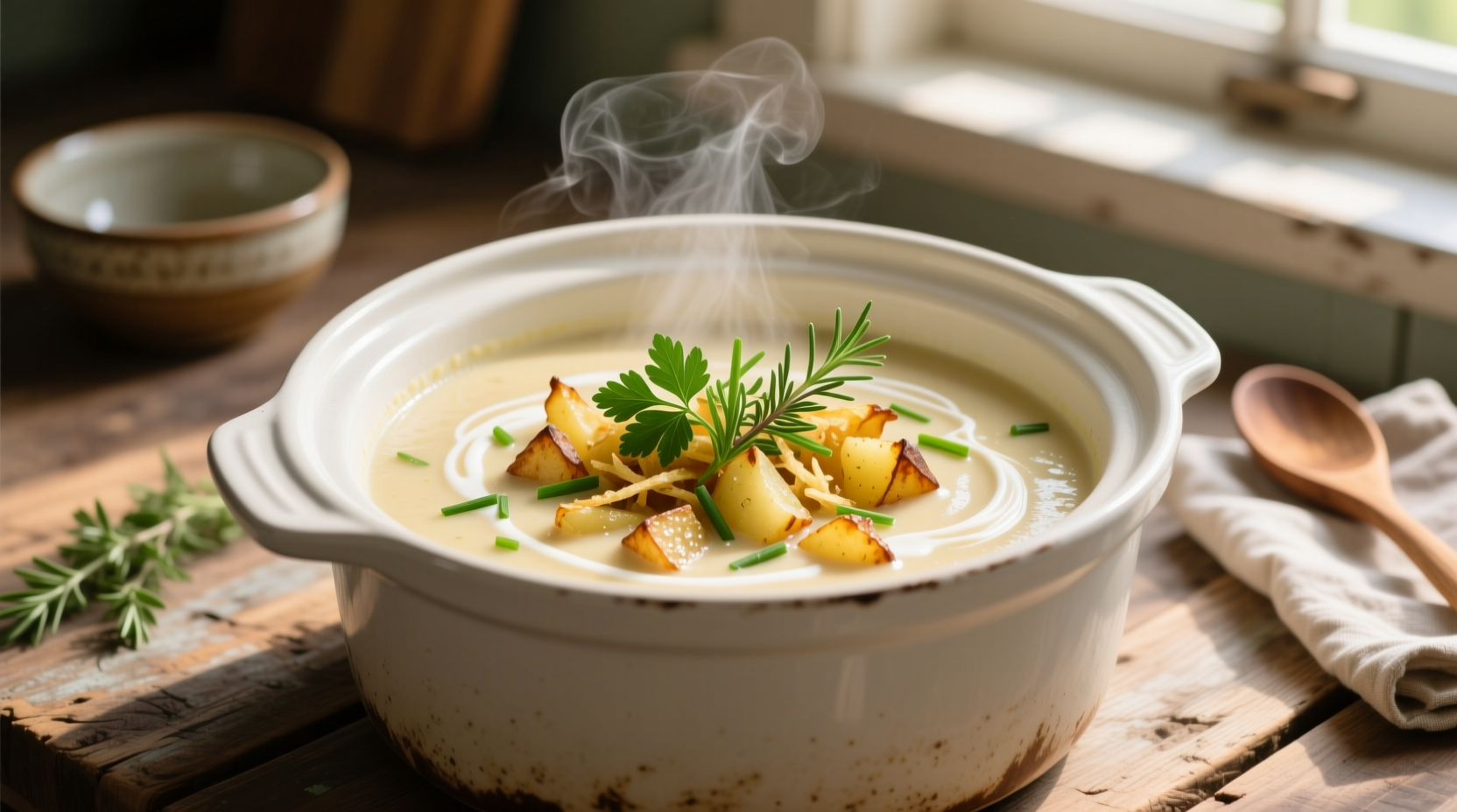 Creamy hashbrown potato soup in white crockpot with herbs