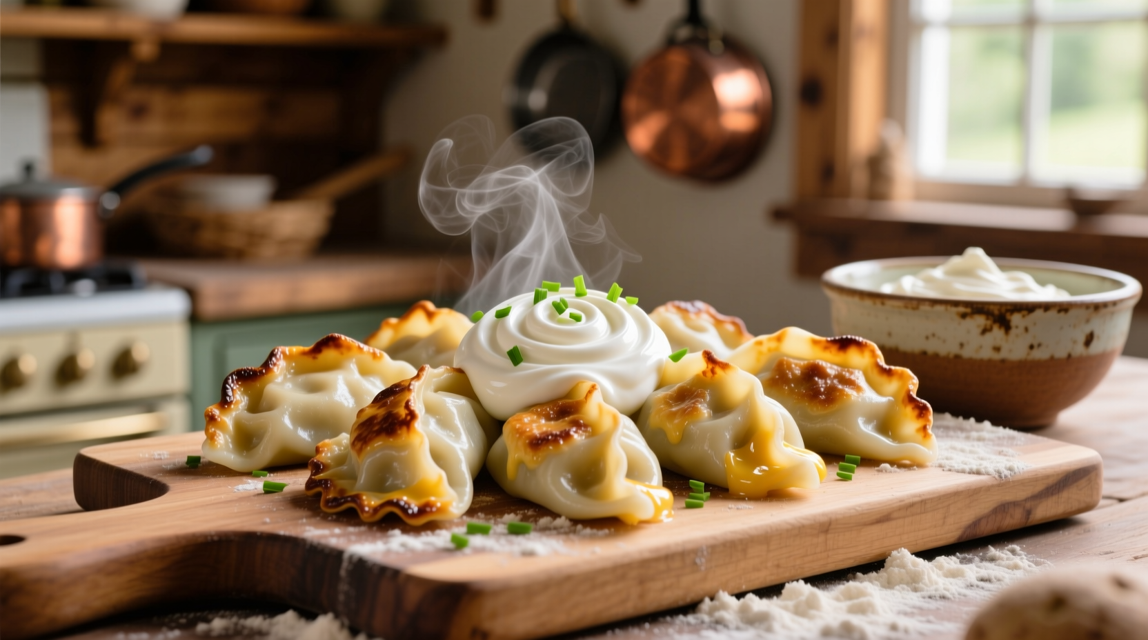 Homemade potato and cheese perogies with sour cream