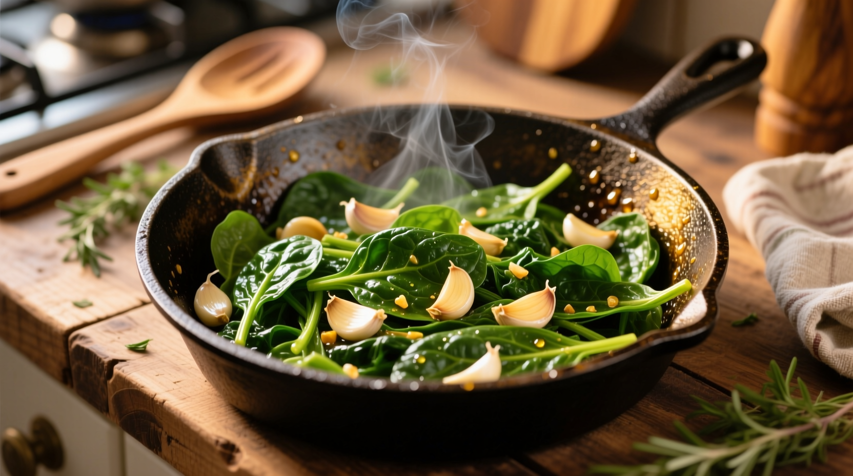 Fresh sautéed spinach with garlic in cast iron skillet
