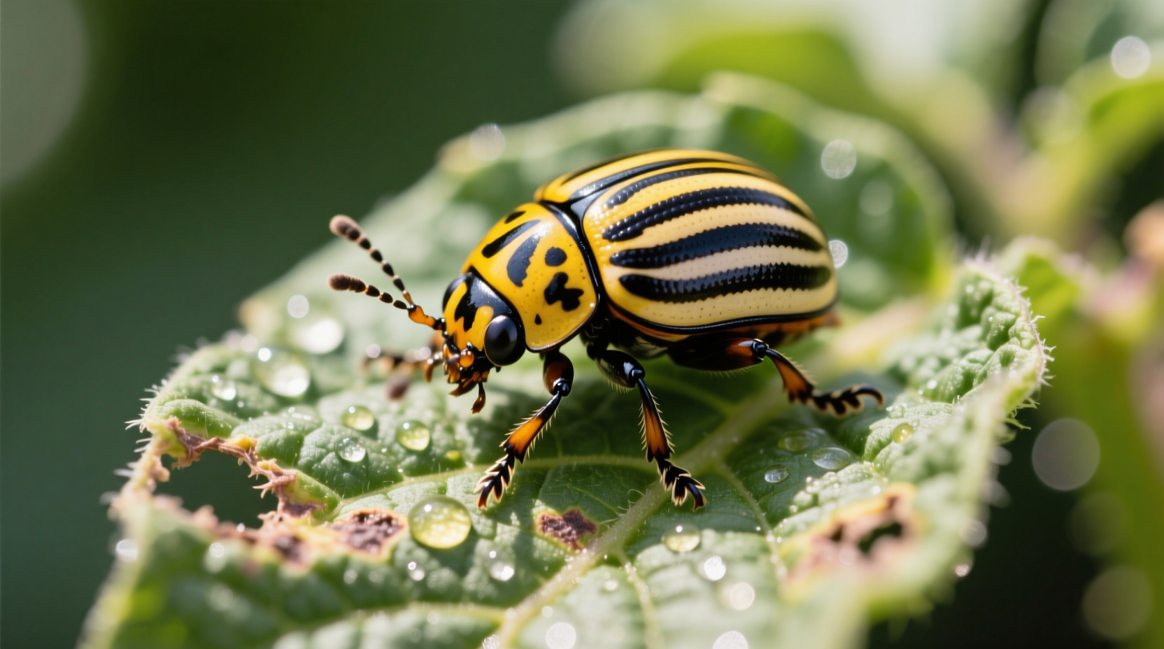 Close-up view of Colorado potato beetle on potato leaf