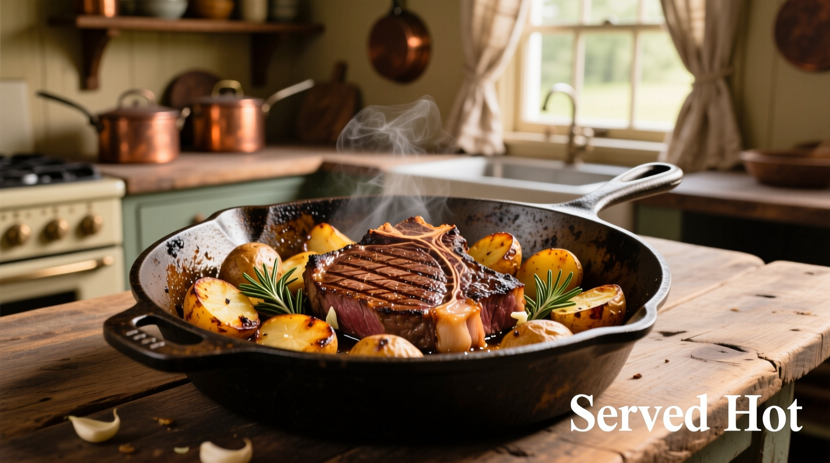 Cast iron skillet with roasted potatoes and steak
