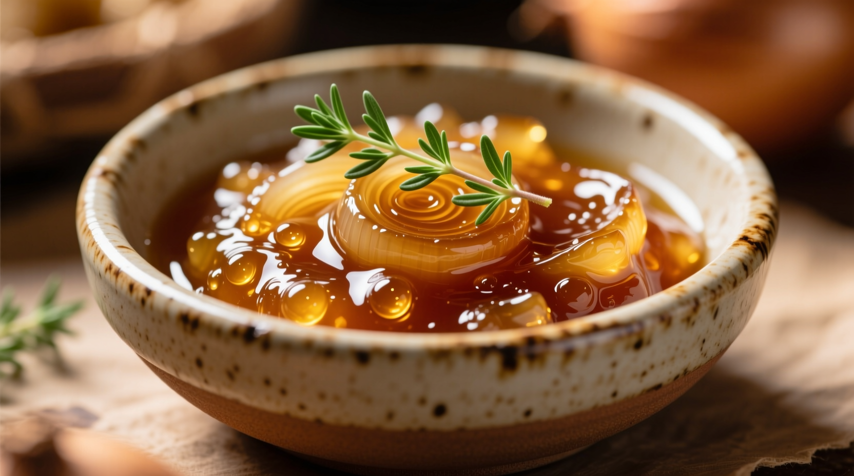 Golden caramelized onion jam in a ceramic bowl