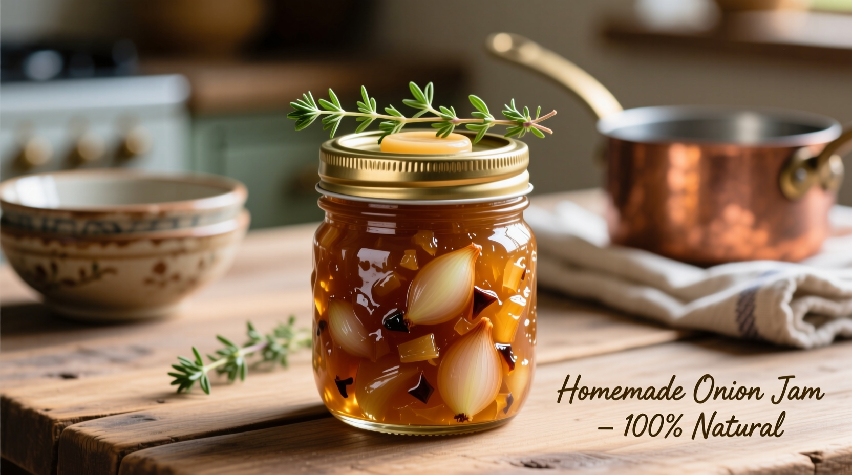 Golden brown onion jam in mason jar with fresh thyme