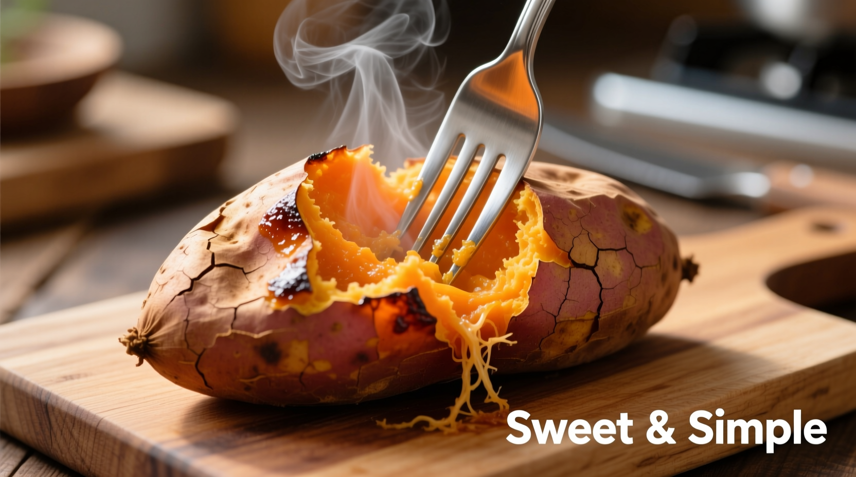 Perfectly baked sweet potato with fork showing tender interior