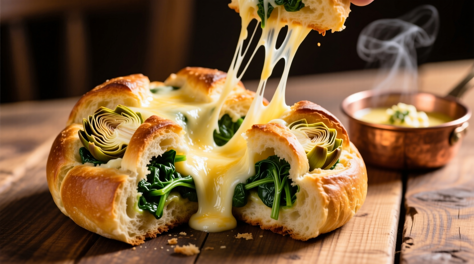 Golden spinach artichoke pull apart bread with cheese strands