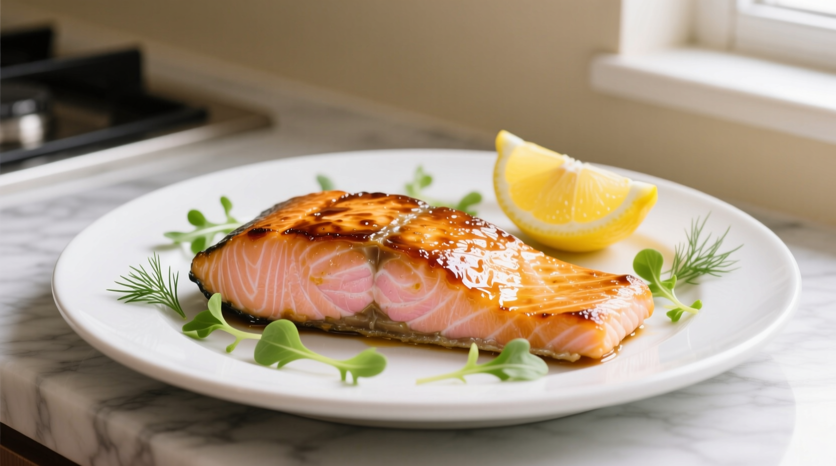 Pan-seared honey garlic salmon with lemon garnish