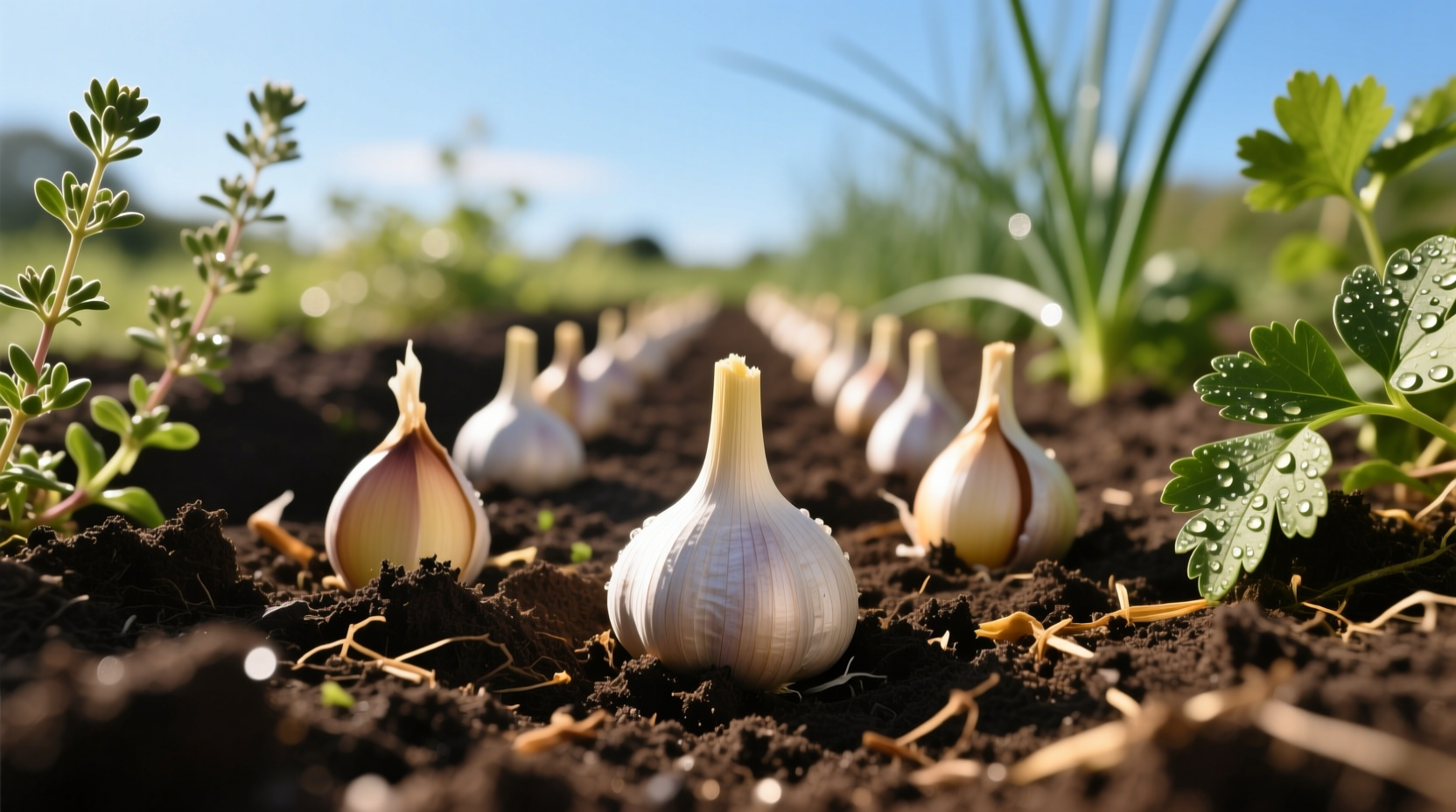 Garlic cloves planted pointy end up in prepared garden soil