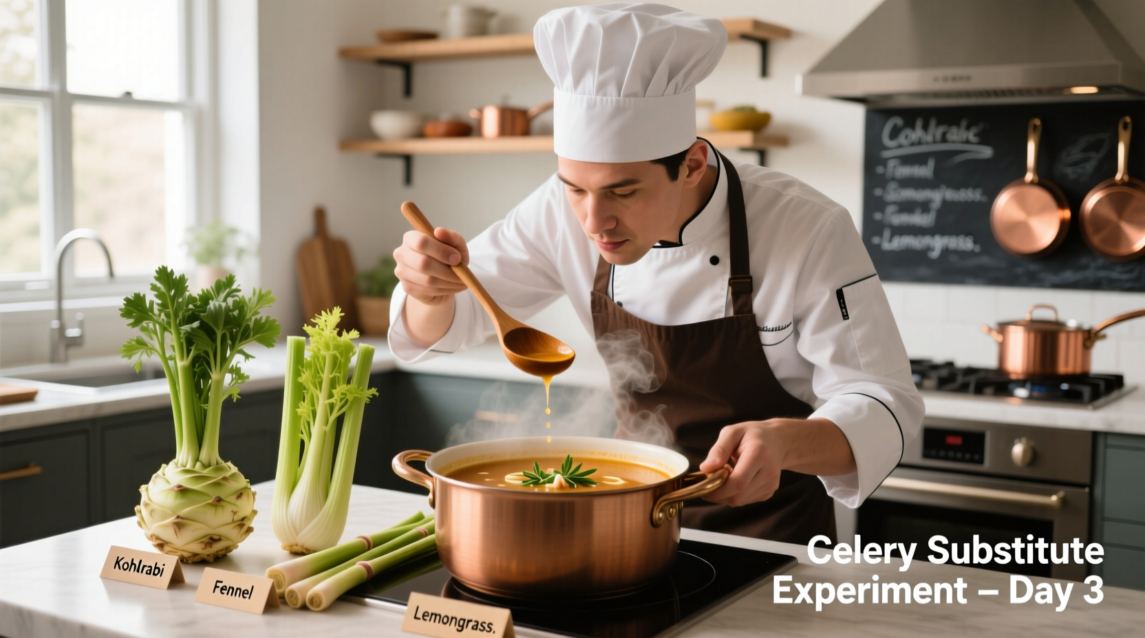 Chef testing celery substitutes in soup