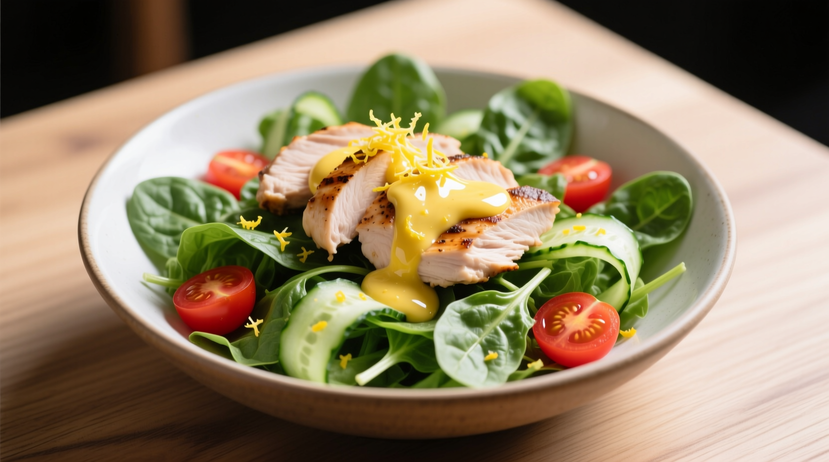 Fresh chicken spinach salad with lemon dressing