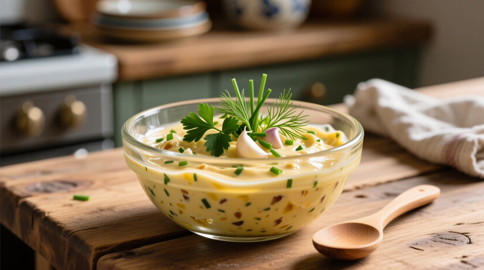Homemade garlic aioli mayo in glass bowl with fresh herbs