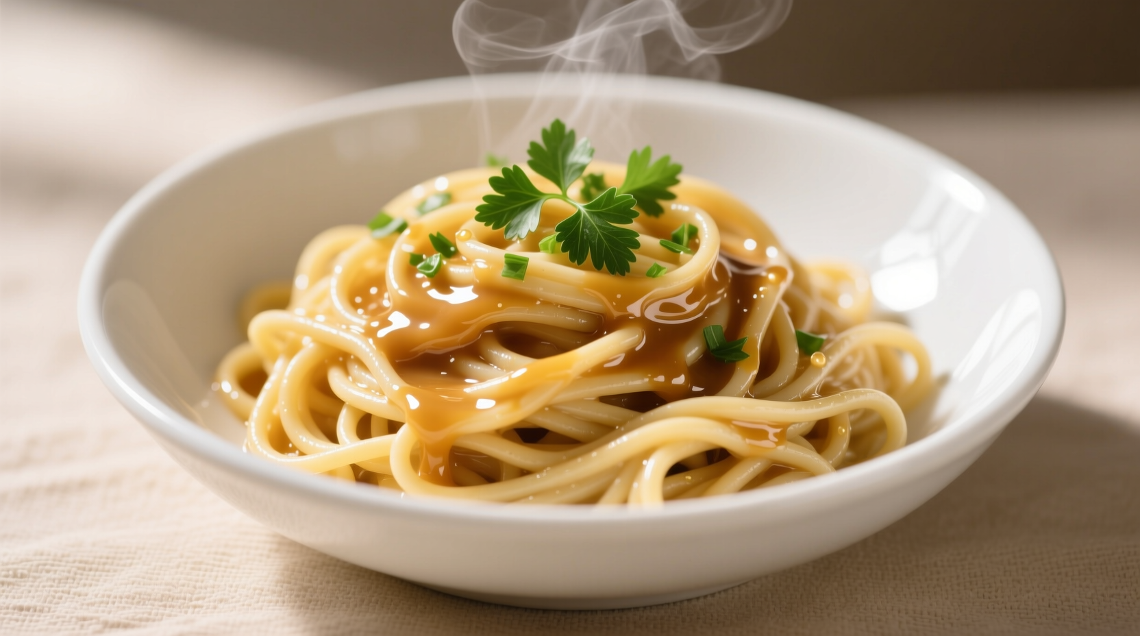 Perfectly coated garlic butter noodles in white bowl