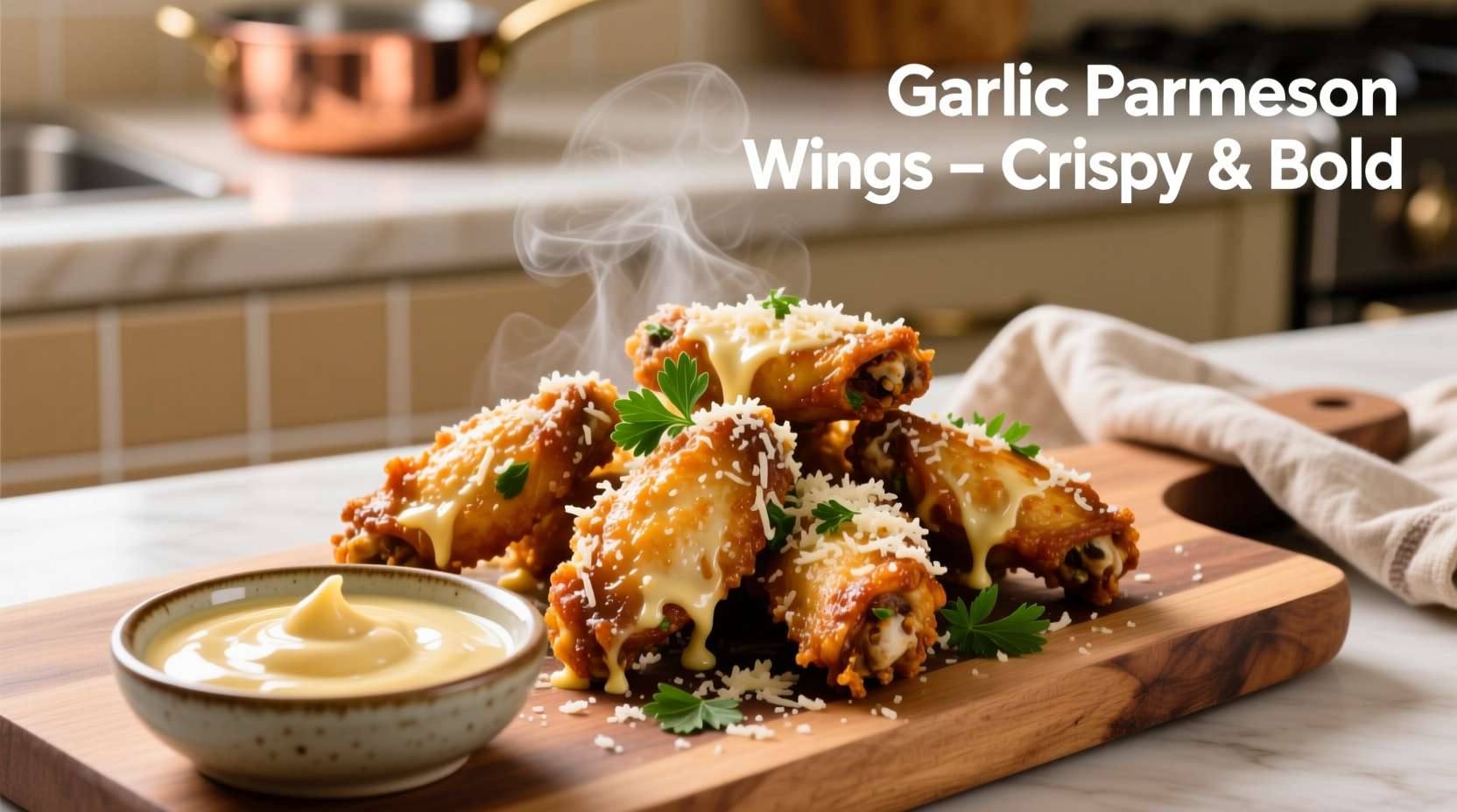 Crispy parmesan garlic wings with dipping sauce