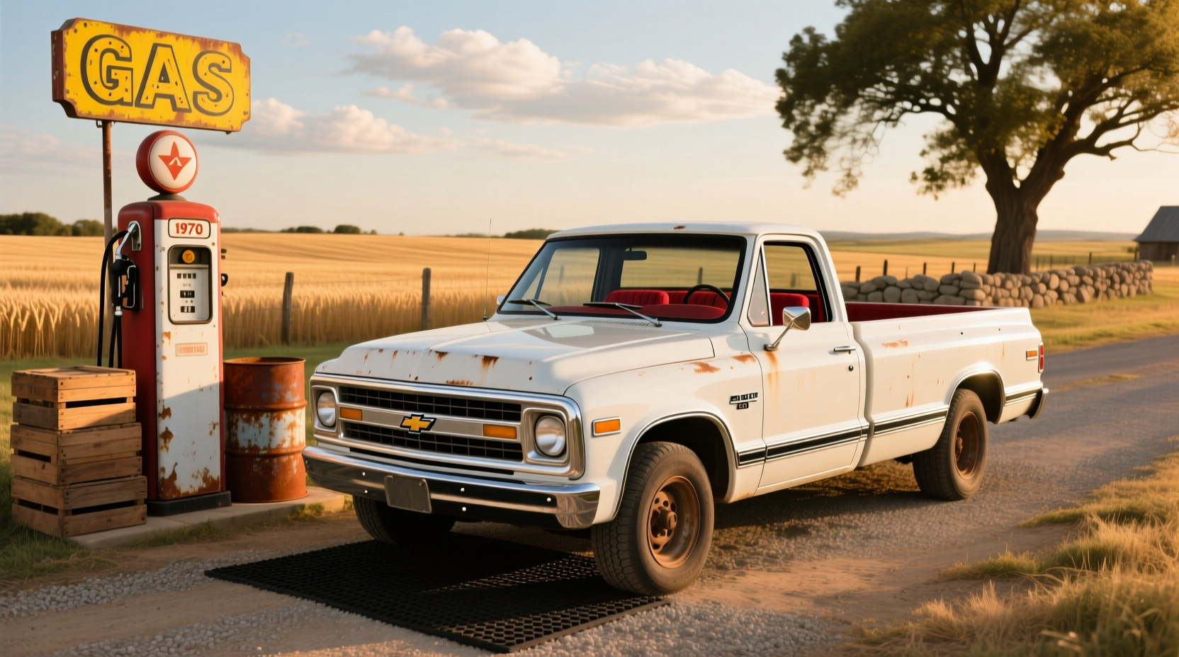 1970 Chevrolet C10 stepside pickup truck parked on gravel driveway