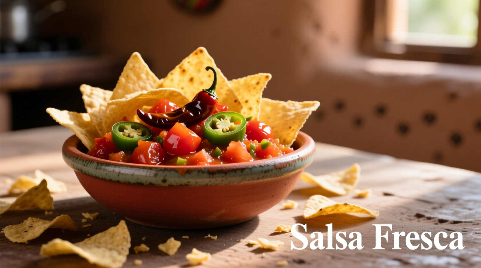 Fresh chipotle tomato salsa in bowl with tortilla chips