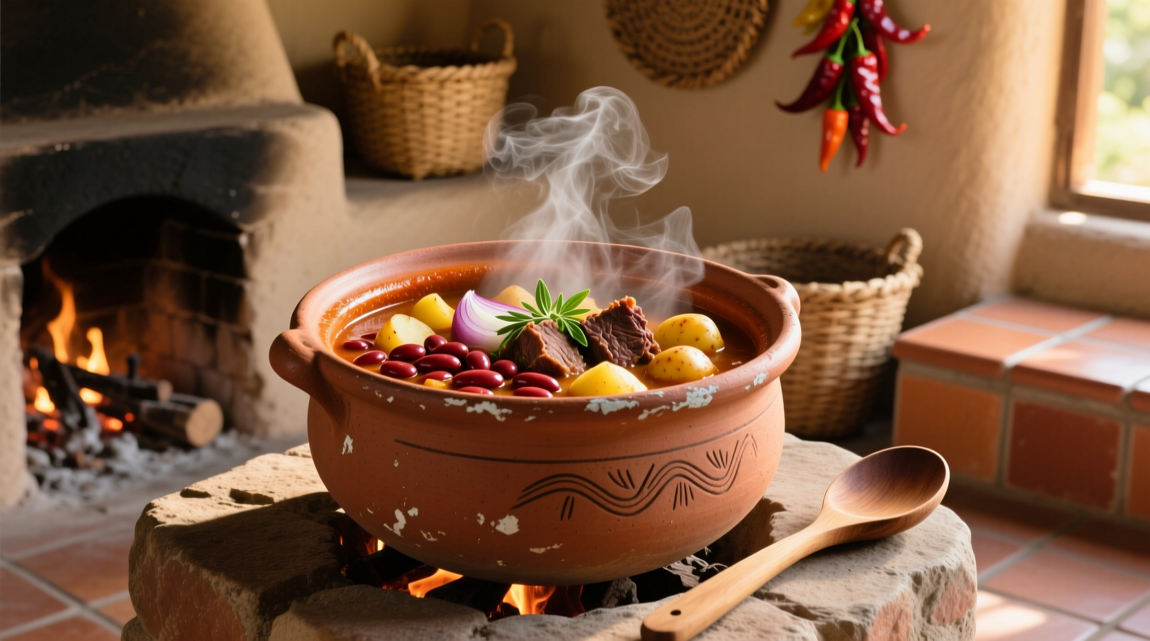 Traditional Latin American bean and potato stew in clay pot