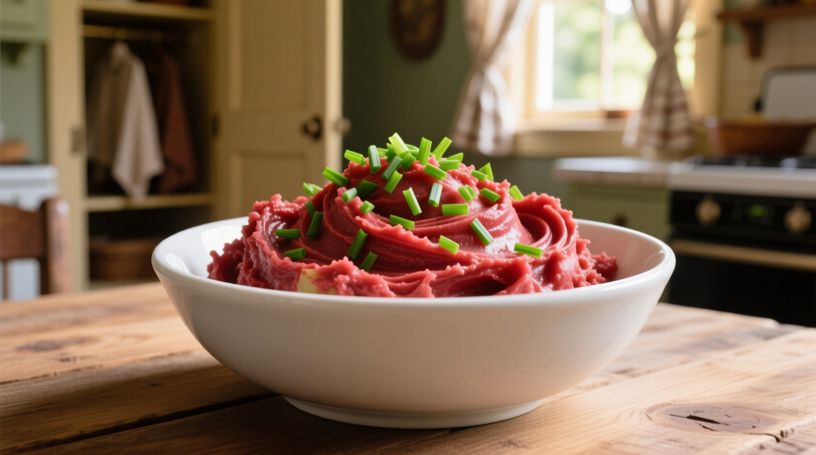 Creamy red mashed potatoes in white bowl with chives