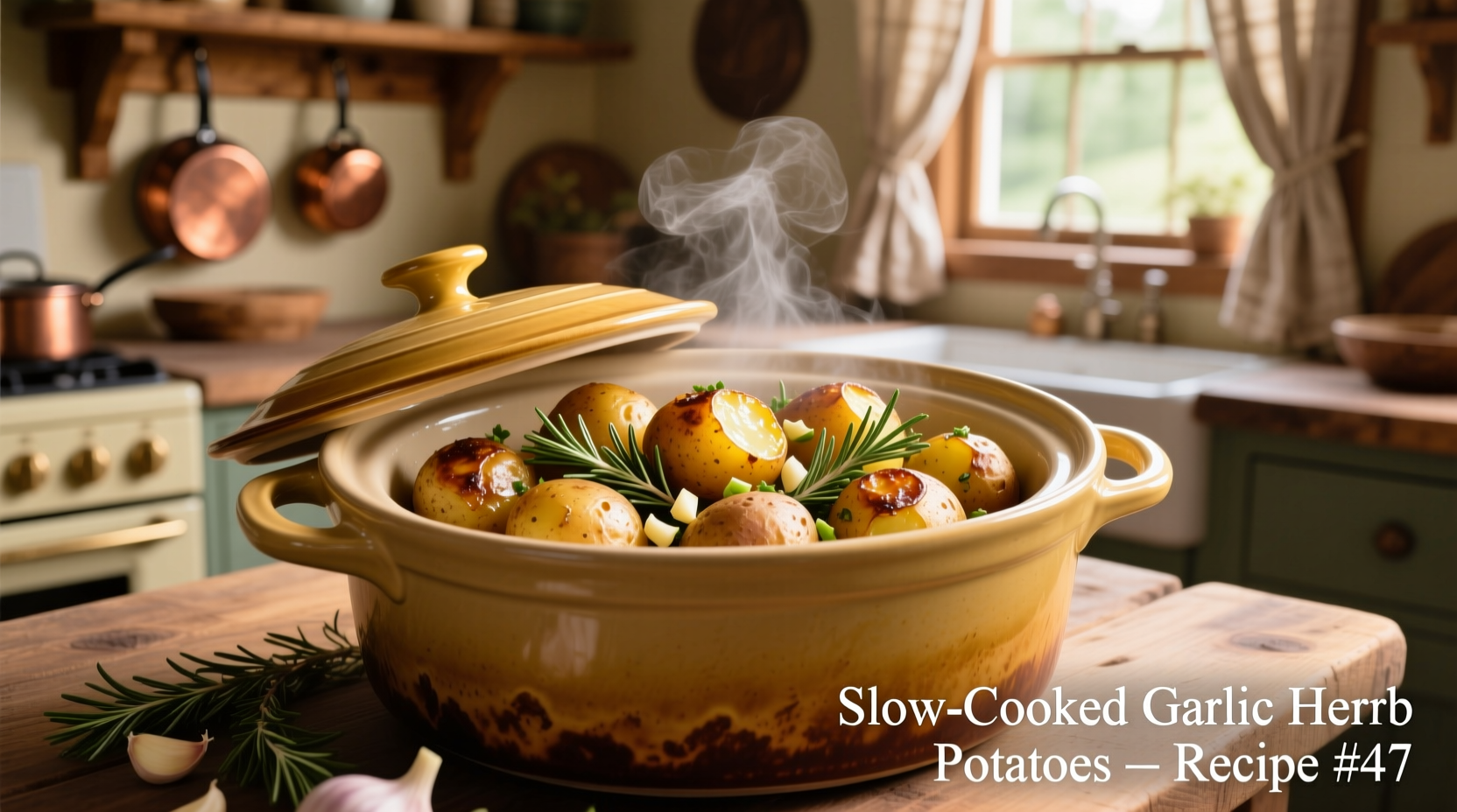 Golden crockpot garlic herb potatoes in slow cooker