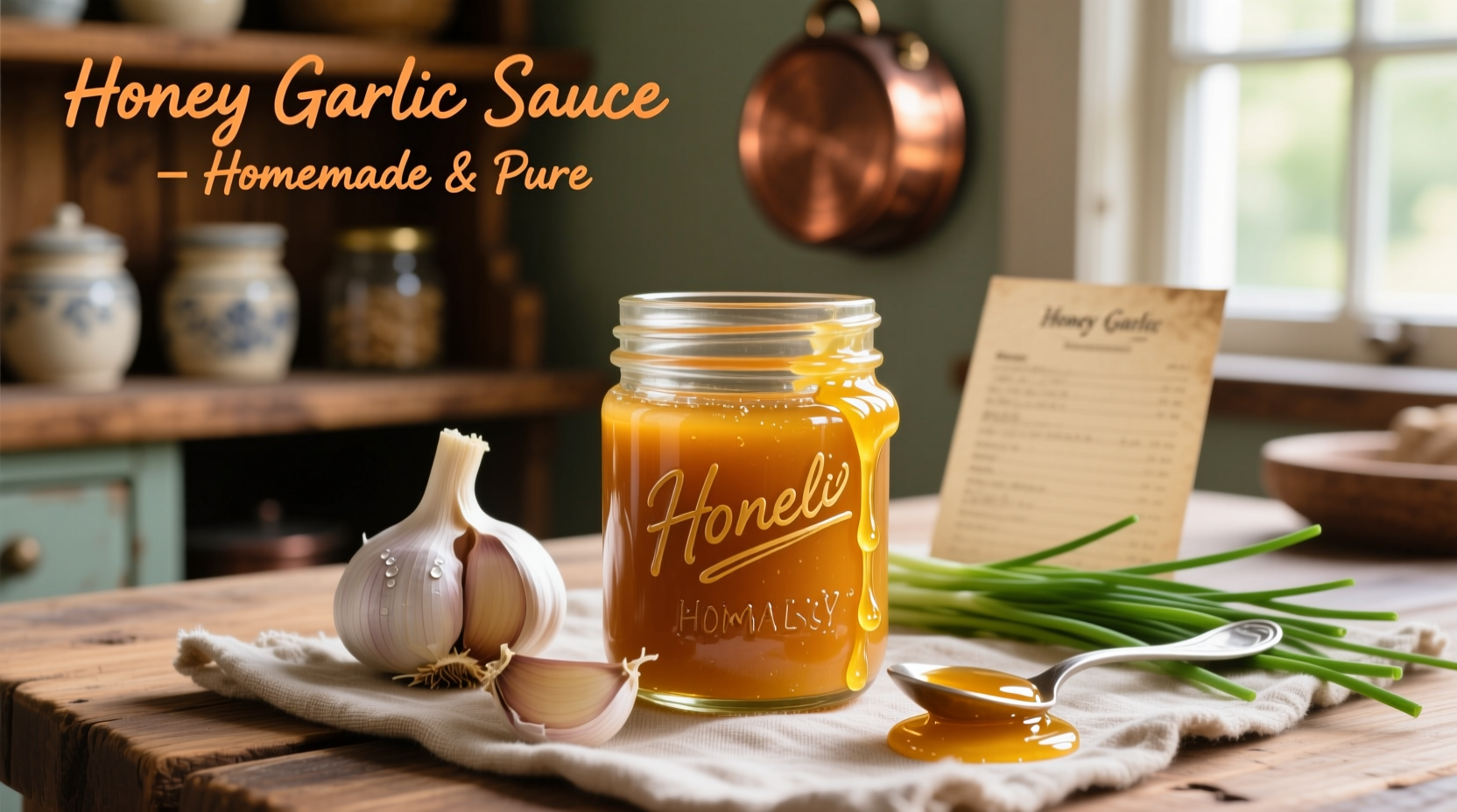 Homemade honey garlic sauce in glass jar with fresh ingredients