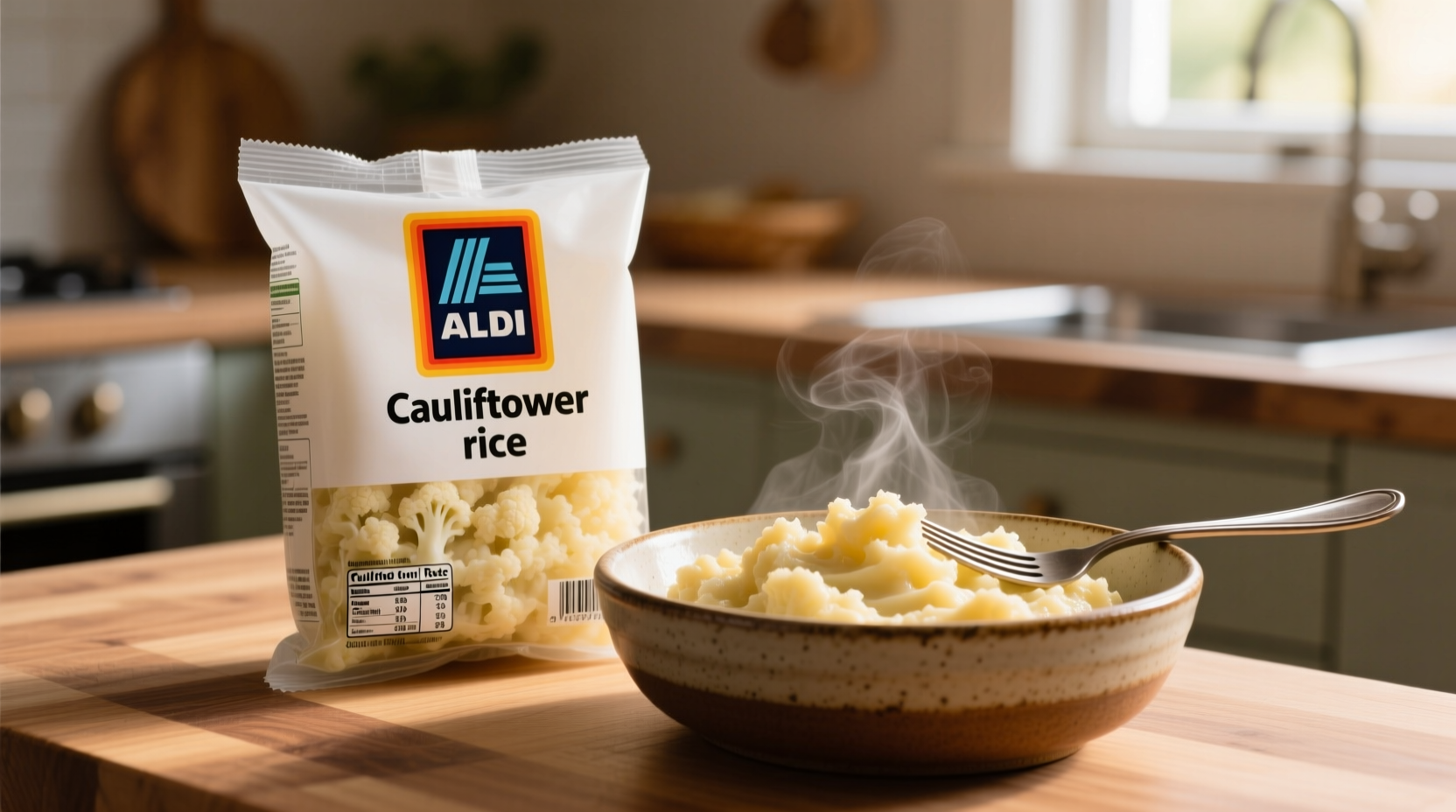 Aldi cauliflower rice in package next to prepared dish
