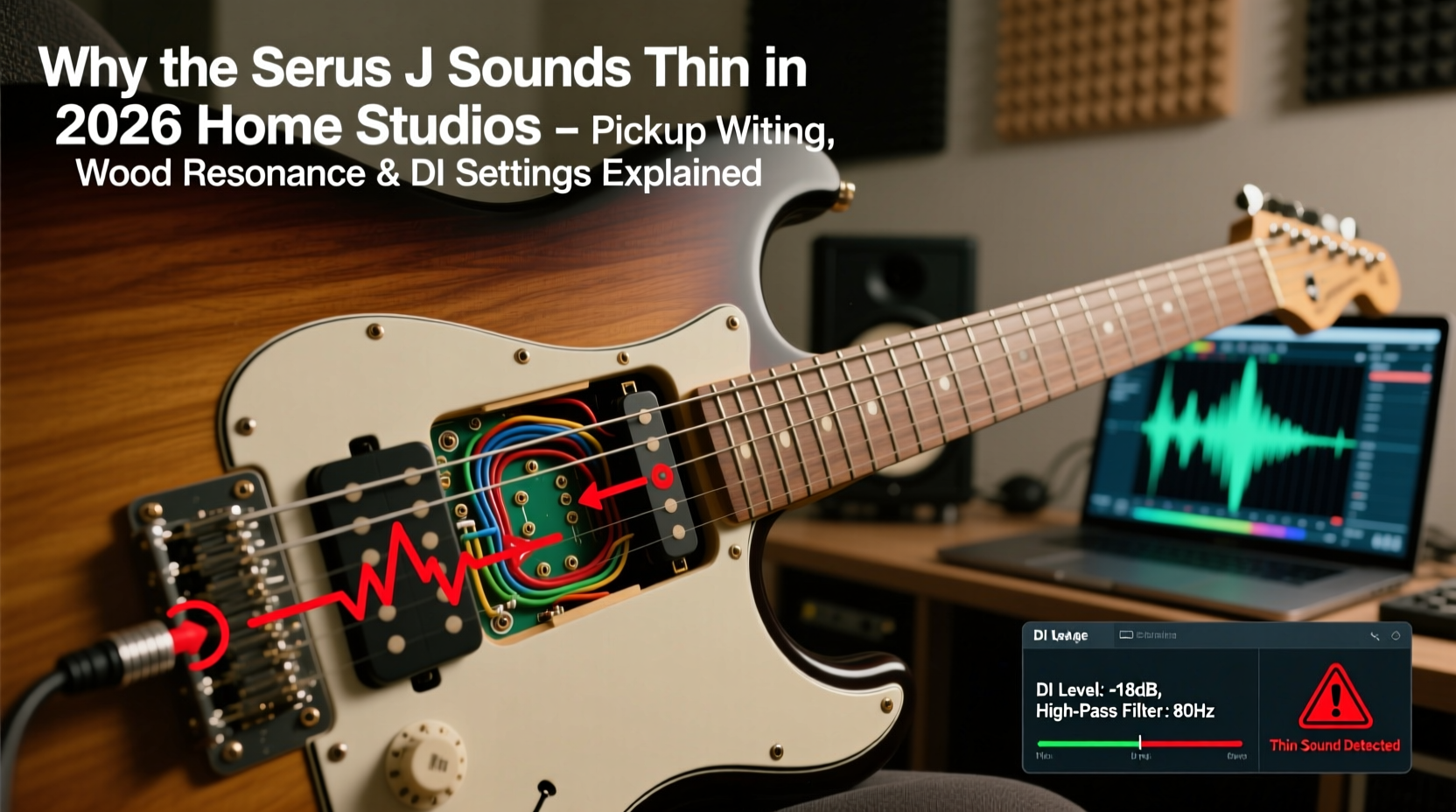 Why does the Serus J electric guitar sound thin in home studio recordings in 2026 — pickup wiring, wood resonance, and DI settings explained