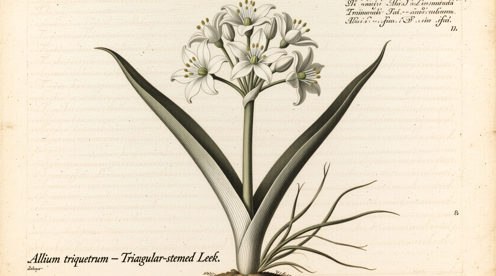 Three cornered leek plant showing triangular stem and white flowers