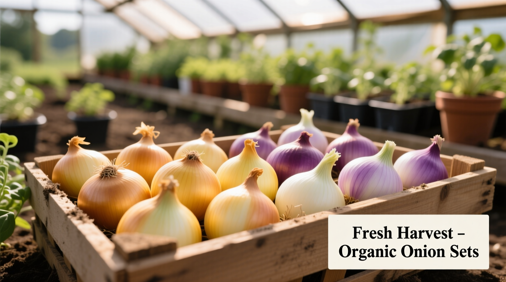 Fresh onion sets displayed in garden center bin