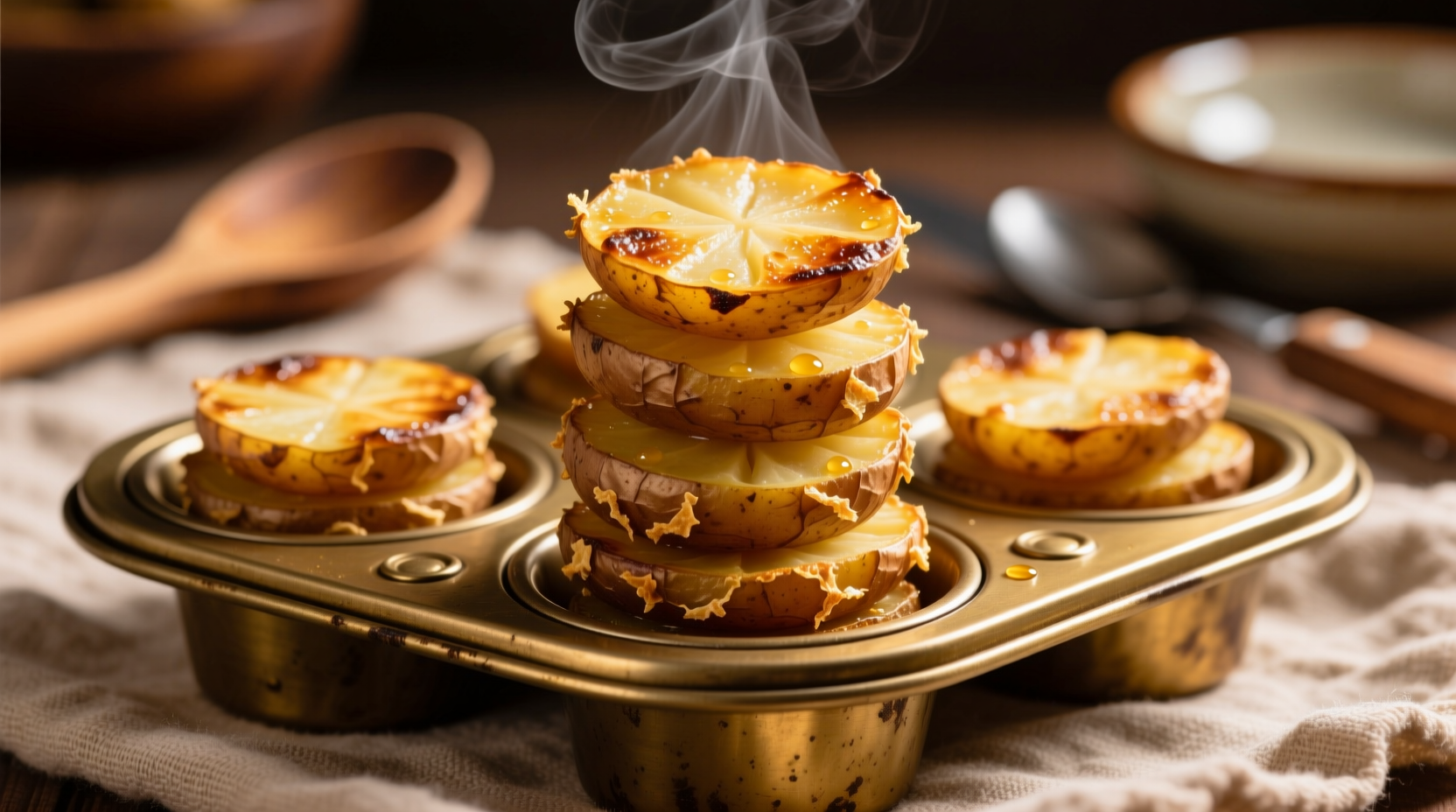 Golden brown potato stacks in muffin tin with crispy edges