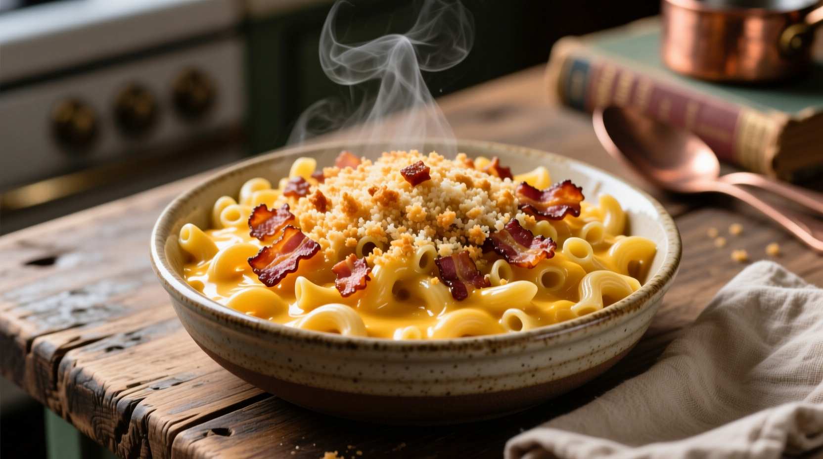 Mac and cheese with bacon and breadcrumbs topping