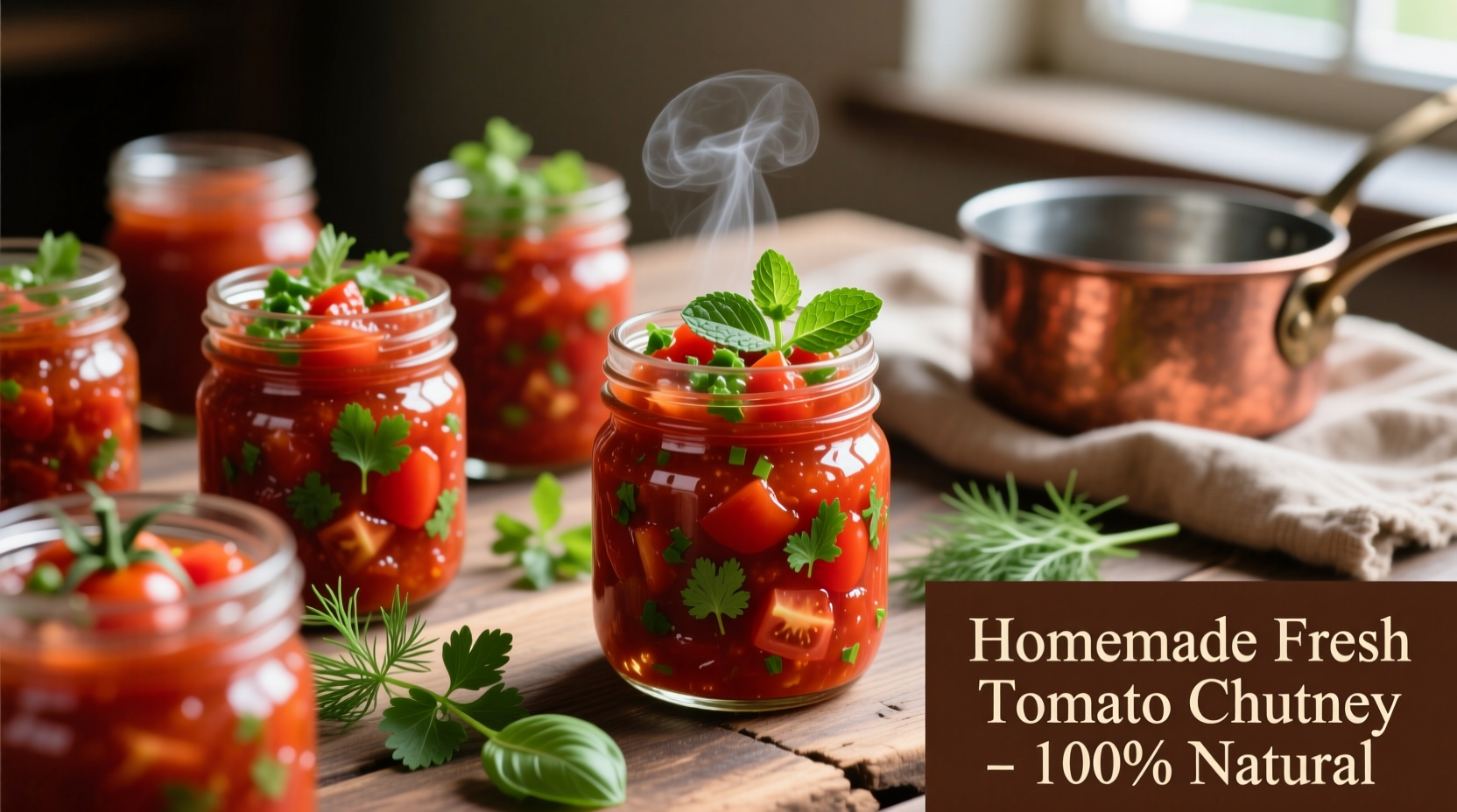 Fresh tomato chutney in mason jars with herbs