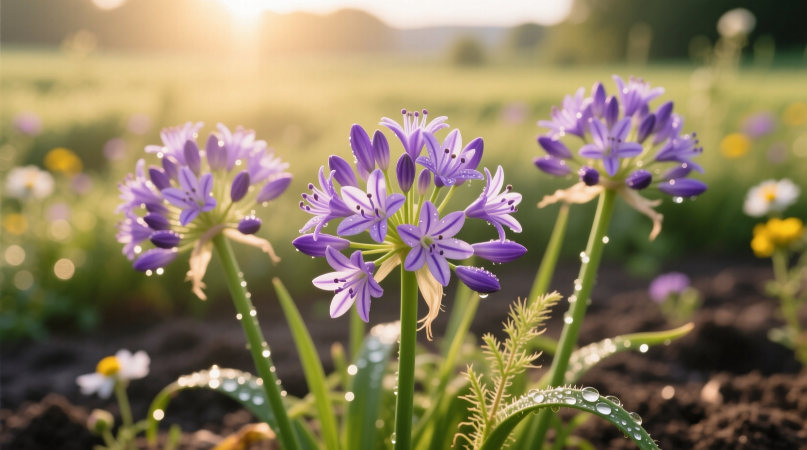Freshly harvested garlic blossoms with purple flowers