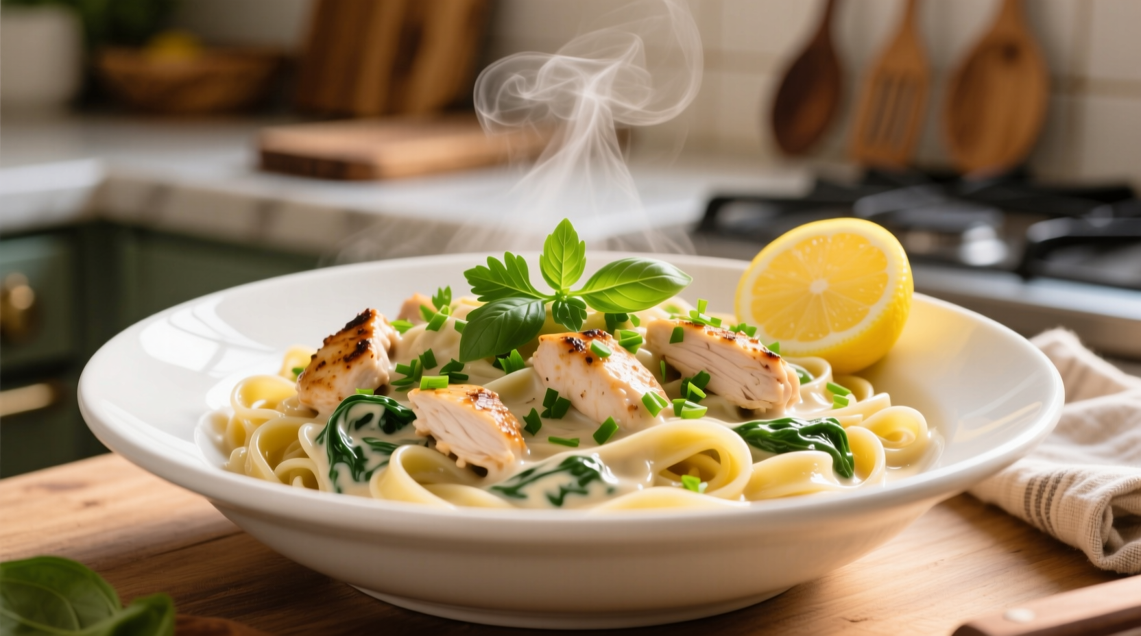 Creamy chicken spinach pasta in white bowl with fresh herbs