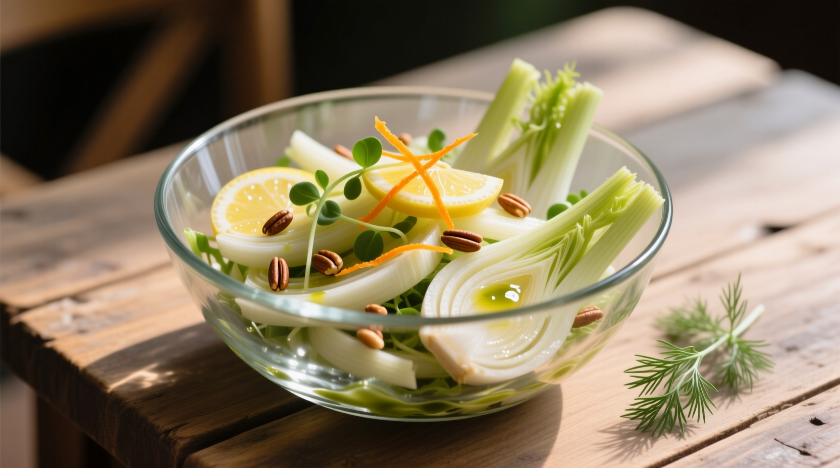 Freshly prepared fennel bulb salad in glass bowl