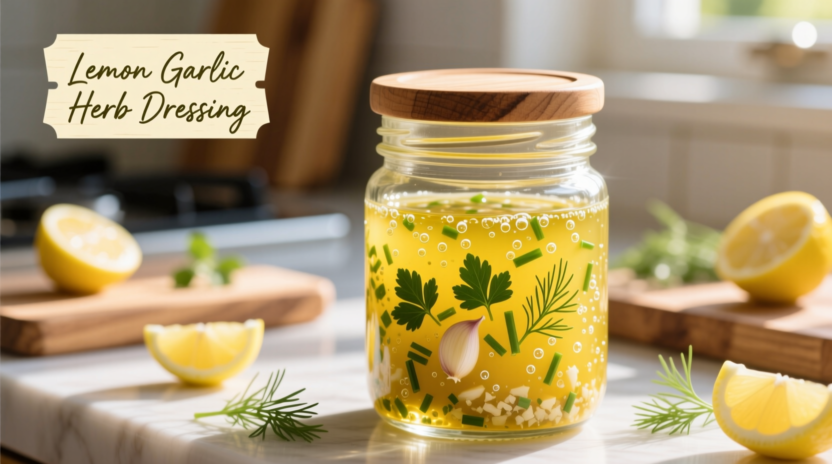 Fresh lemon garlic dressing in glass jar with herbs