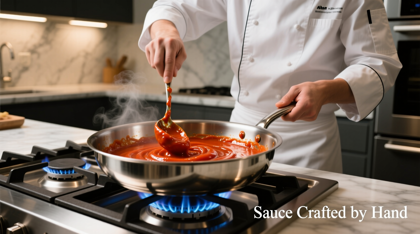 Chef stirring tomato paste in stainless steel pan