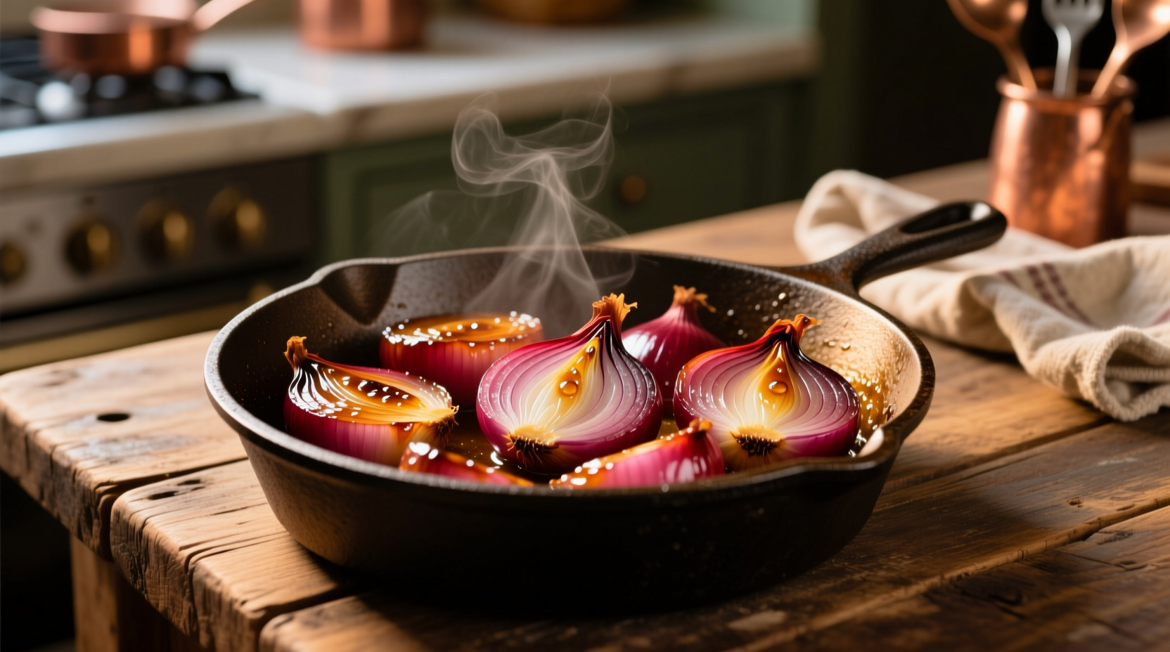 Perfectly caramelized red onions in a skillet