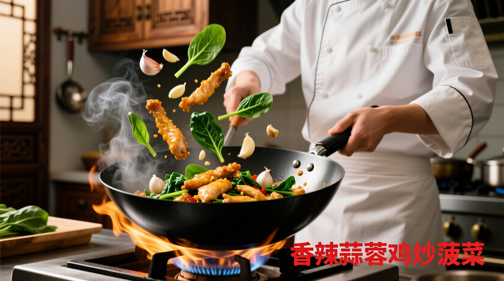 Chef preparing garlic chicken spinach stir-fry in wok