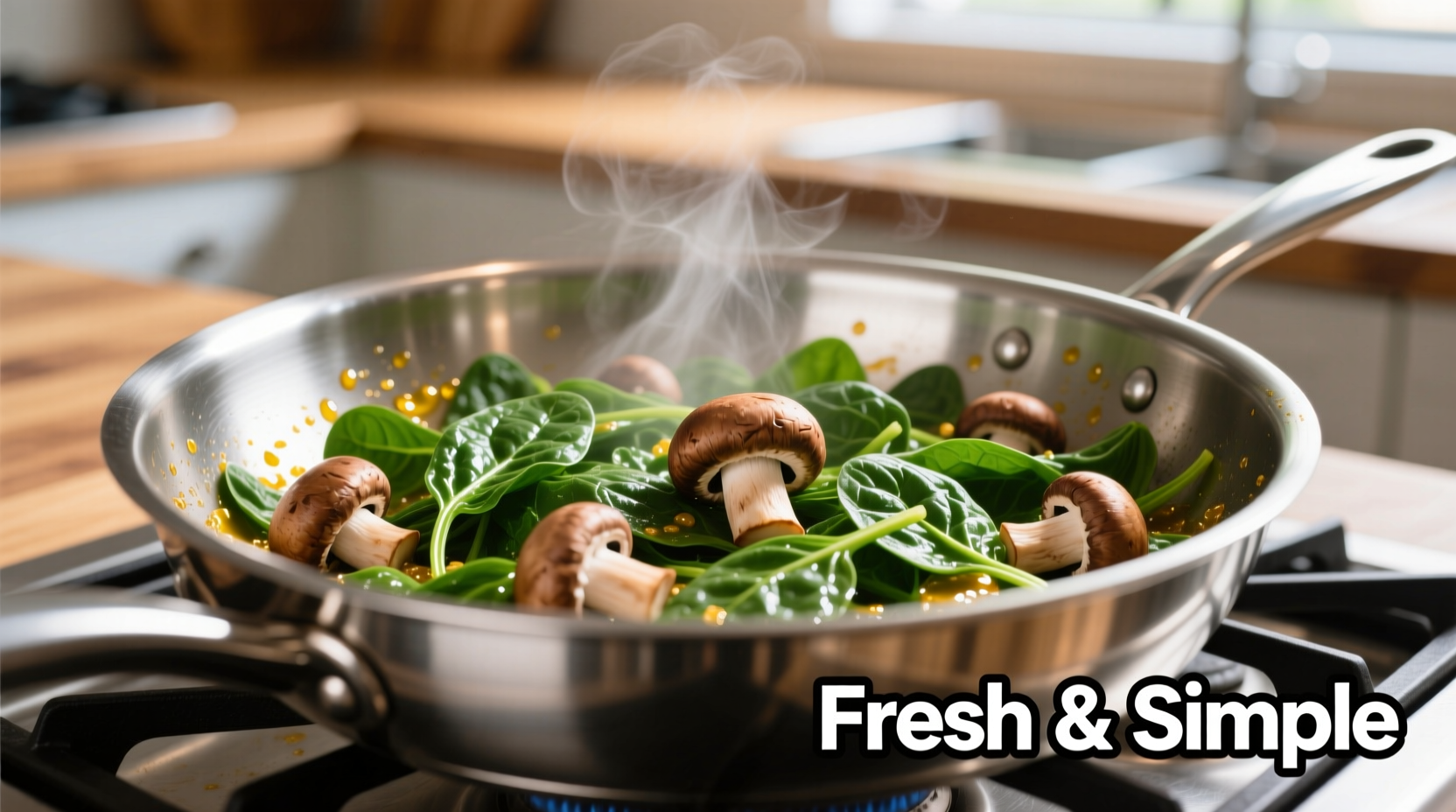 Fresh spinach and mushrooms sautéed in stainless steel pan
